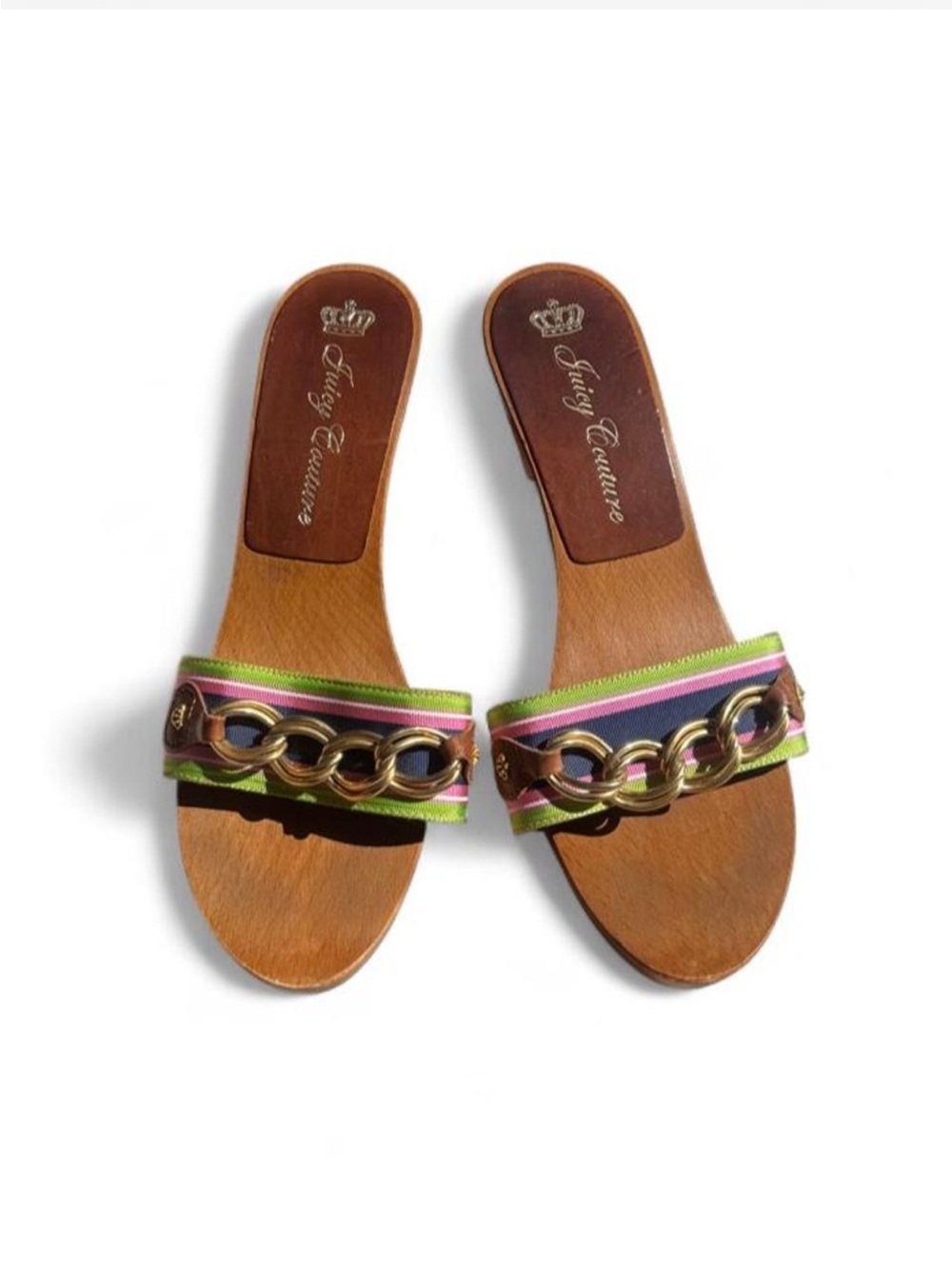 Juicy Couture Multicolor Ribbon Chain-Trim Slide Mules